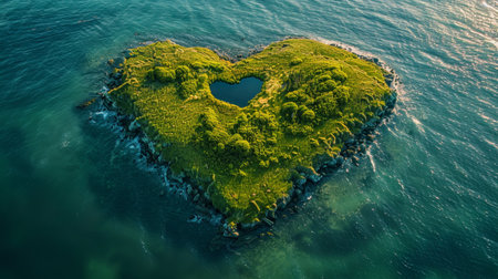 An island in the sea in the shape of a heart in summer.の素材