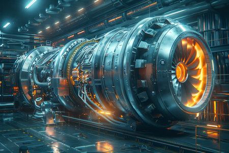 A high-tech futuristic turbine engine with fans. Jet engine with drive.の素材