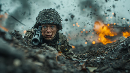 A soldier with a machine gun in a trench in a combat position during a combat mission.の素材