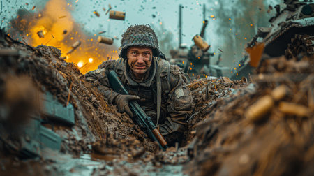 A soldier with a machine gun in a trench in a combat position during a combat mission.の素材