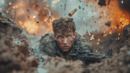 A soldier with a machine gun in a trench in a combat position during a combat mission.の素材