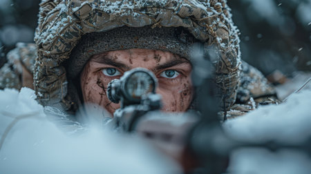 A soldier with a machine gun in a trench in a combat position during a combat mission in winter.の素材