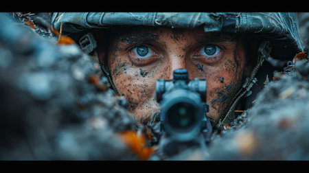 A soldier with a machine gun in a trench in a combat position during a combat mission in winter.の素材