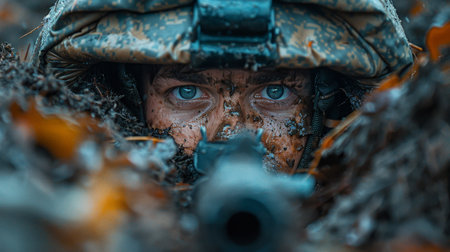 A soldier with a machine gun in a trench in a combat position during a combat mission.の素材