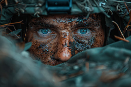A soldier with a machine gun in a trench in a combat position during a combat mission.の素材