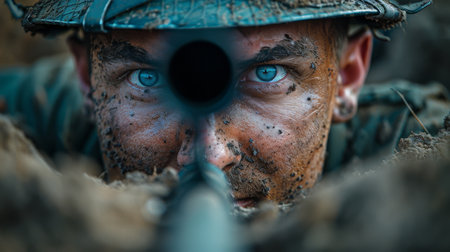 A soldier with a machine gun in a trench in a combat position during a combat mission.の素材