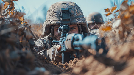 A soldier with a machine gun in a trench in a combat position during a combat mission.の素材