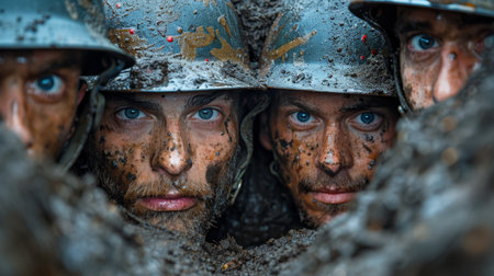 A group of soldiers with weapons in a trench in a combat position during a combat mission.の素材