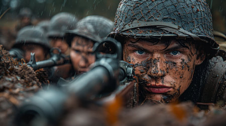 A group of soldiers with weapons in a trench in a combat position during a combat mission.の素材