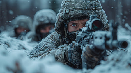 A group of soldiers with weapons in a trench in a combat position during a combat mission in winter.の素材