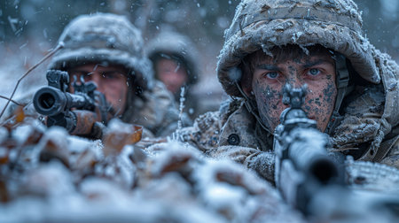 A group of soldiers with weapons in a trench in a combat position during a combat mission in winter.の素材