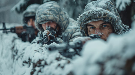 A group of soldiers with weapons in a trench in a combat position during a combat mission in winter.の素材