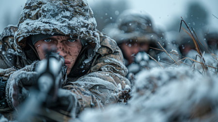 A group of soldiers with weapons in a trench in a combat position during a combat mission in winter.の素材