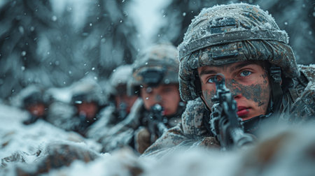 A group of soldiers with weapons in a trench in a combat position during a combat mission in winter.の素材