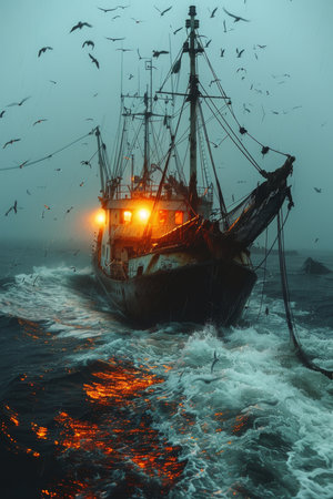 Fishing in the North Sea. Fishing boat with fishermen on the high seas.の素材