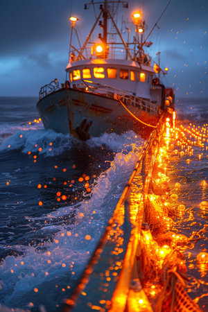 Fishing in the North Sea. Fishing boat with fishermen on the high seas.の素材