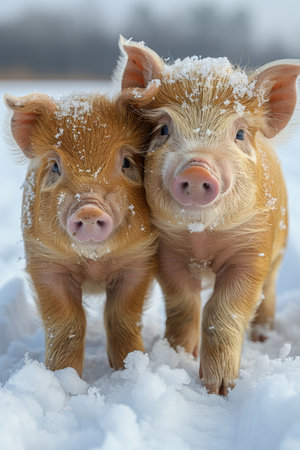 Two little pigs in winter nature.の素材