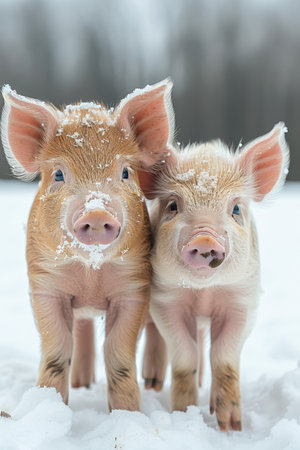 Two little pigs in winter nature.の素材