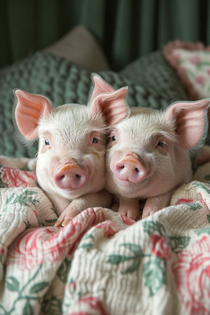 Two little pigs are lying in bed at home.の素材