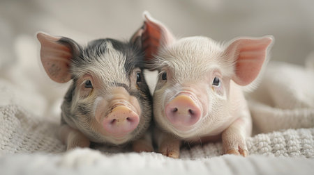 Two little pigs are lying in bed at home.の素材