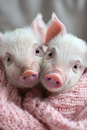 Two little pigs are lying in bed at home.の素材