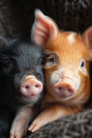 Two little pigs are lying in bed at home.の素材