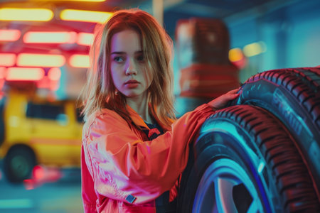 A female master makes a replacement of wheel tires in a tire repair shop.の素材