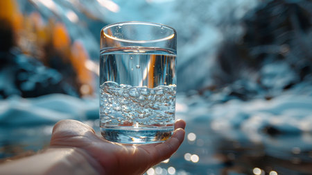 Transparent glass glass with drinking mountain water in hand on the background of a mountain river. The concept of drinking mineral water.の素材