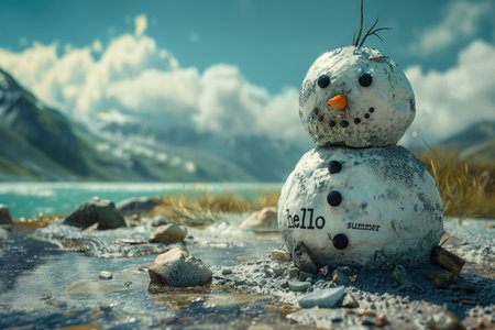 A funny little snowman in nature with the inscription hello summer on it.の素材