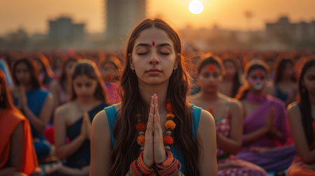 A group of young girls practicing yoga perform Padmasana exercises, lotus position,の素材