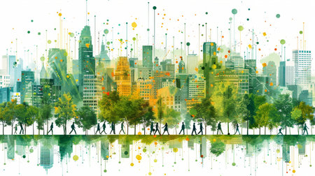 Integration of people with environmental technologies. Illustration.の素材