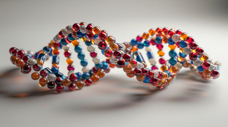 DNA double helix with luminous particles on white background. Biotechnology and scientific concept for genetic research and molecular science.の素材