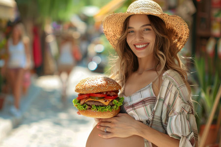 A pregnant girl with a large hamburger in her hands stands on a city street in the summertime.の素材
