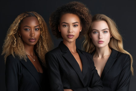 Portrait of a group of business women in black suits on a black background.の素材