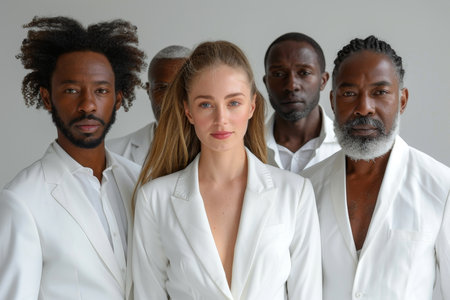 Portrait of a group of stylish people in white suits. A group of businessmen in white suits.の素材