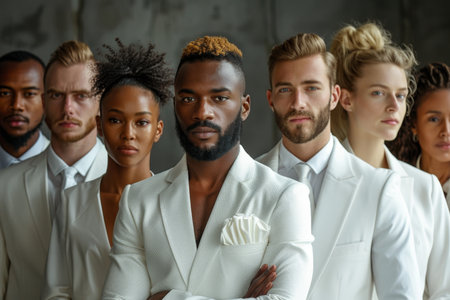 Portrait of a group of stylish people in white suits. A group of businessmen in white suits.の素材