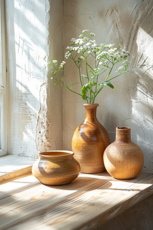 Decorative pitchers stand against a gray wall on a sunny day.の素材
