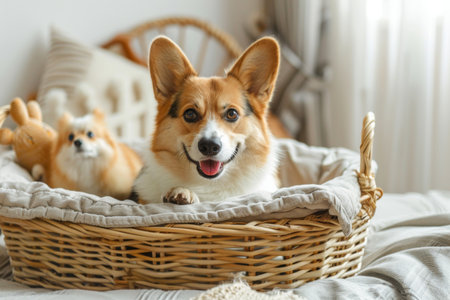 A cute dog sits in a basket in his home. Friend of man in the home cozy atmosphere at home.の素材