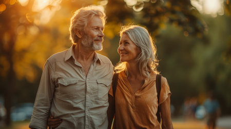 Happy mature couple husband and wife walk summer in the park at sunset.の素材