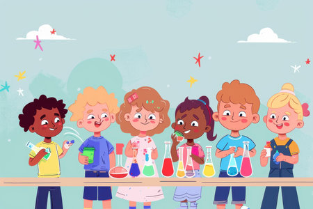 A group of teenage students do a chemistry experiment by making an analysis and mixing liquid in a test tube on a lab experiment. Illustration.の素材