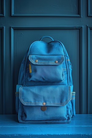 Stylish backpack for hiking and traveling on a blue background.の素材