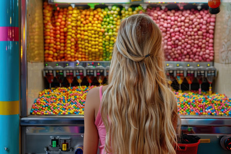 A girl near a shelf with sweets. The girl behind the candy counter in the Supermarket.の素材