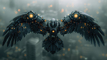 A realistic robot bird is flying on a mission. A vulture robot in flight.の素材