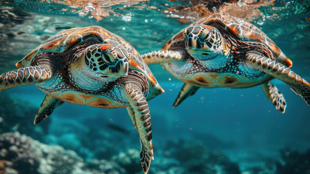 Two sea turtles swim on a coral reef in the ocean. Turtles under water.の素材