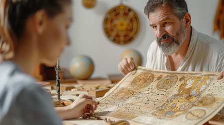 A male astrologer advises a girl on an astrological chart.の素材