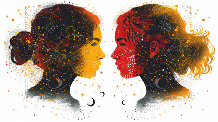 Horoscope compatibility. A couple in love in the starry sky. Astrological forecast. Illustration.の素材