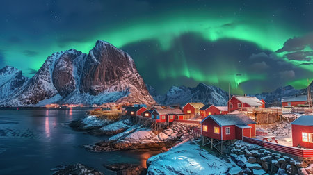 The Northern Lights over the snow-capped mountains and houses on the Lofoten Islands, Norway. Northern Lights and snow-covered rocks.の素材