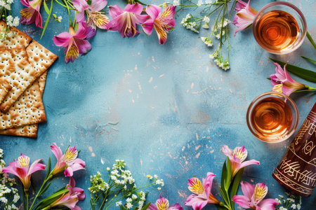 Blue background with wine, flowers and buns. A postcard with flowers and wine in a glass.の素材