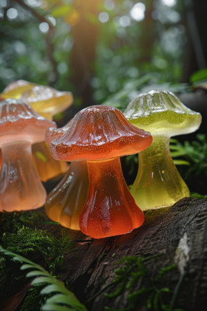 Marmalade in the shape of a mushroom. Lots of delicious marmalade on the background of nature in the form of mushrooms.の素材