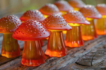 Marmalade in the shape of a mushroom. Lots of delicious marmalade on the background of nature in the form of mushrooms.の素材